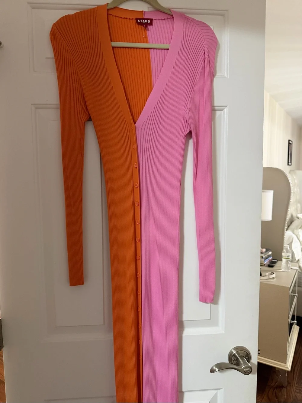 STAUD Two-Tone Ribbed Button-Front Midi Dress in Orange & Pink - Picture 3 of 4